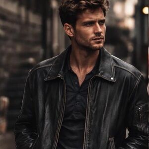 Roundtree & Yorke Leather Bomber Jacket Black Moto Classic Mens Small